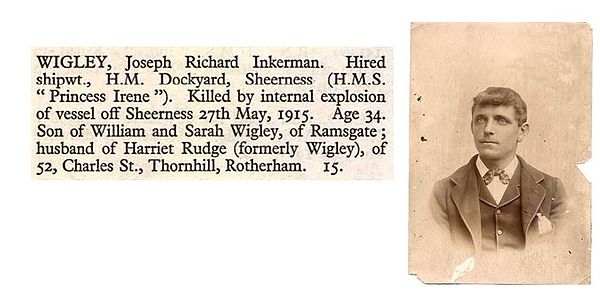 A photo of Joseph Wigley, one of the victims of the explosion, alongside a record of his death.