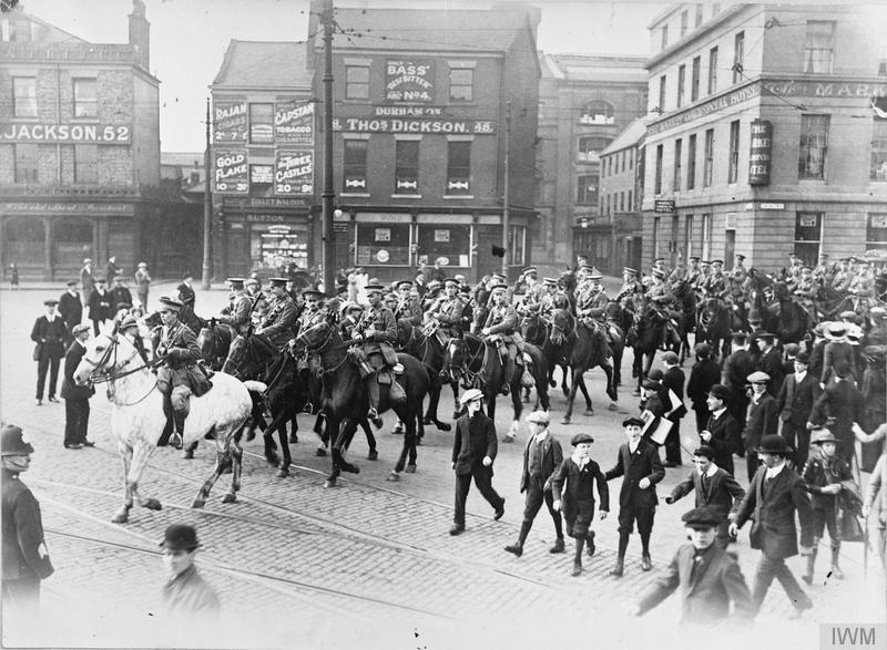 Soldiers of No. 3 Troop, A Squadron, Northumberland Hussars leaving Newcastle, September 1914