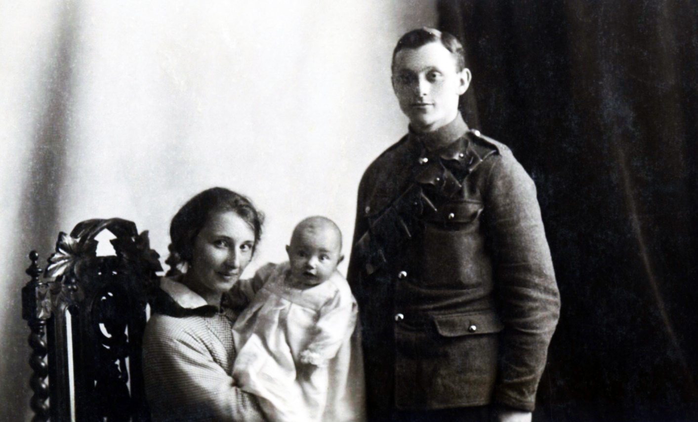 A photograph of a British soldier and his wife and five-month-old baby