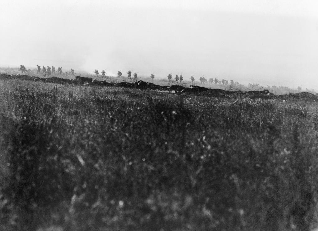 Battle of the Somme. A support company of an assault battalion, of the Tyneside Irish Brigade, going forward shortly after zero hour on 1 July 1916 during the attack on La Boisselle.