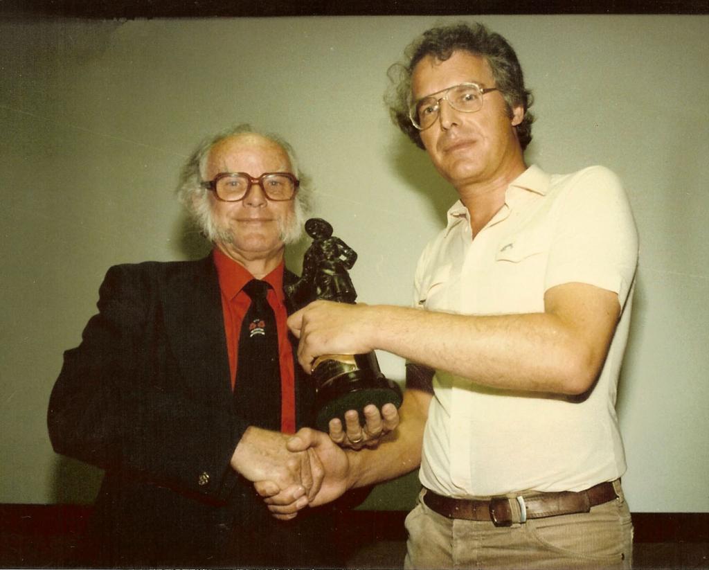 James Brazier presents WFA founder John Giles with a statuette of a WW1 Scottish soldier on 4th August 1984, the 70th anniversary of Britain's entry into World War One