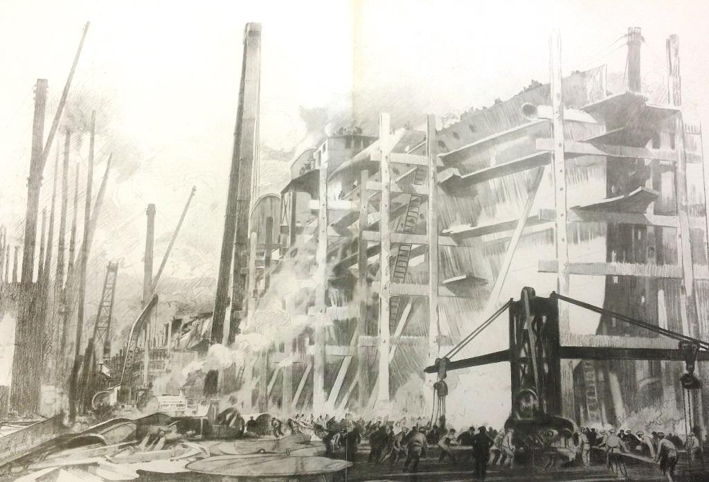 'H.M.S. “Spenser” under construction, Woolston', by Fred Taylor. © Hampshire Cultural Trust and Archives