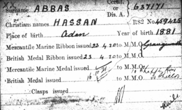 Medal card of Hassan Abbas (TNA ref: BT 351/1). Reproduced with permission of The National Archives.