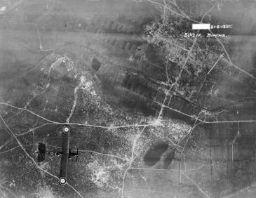 Airco DH 4 flying over a heavily-shelled area south of the River Scarpe near Biache-Saint-Vaast (upper right), east of Arras.