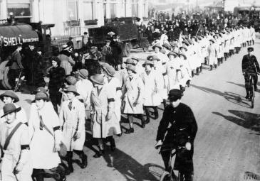 Members of the Women's Land Army on parade on the Brighton seafront during the First World War.