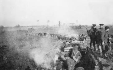 Members of the 1 Buffs on a trench parapet, December 1914 during the Christmas truce. 